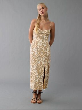 AE Catie Corset Printed Column Midi Dress beige & white
